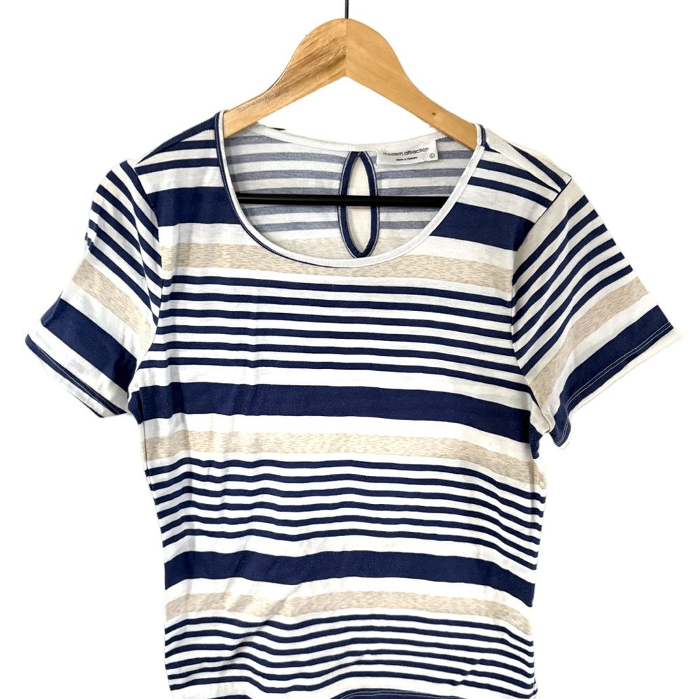Modern Attraction Striped Short Sleeve Top | Navy, White & Tan | Size Large